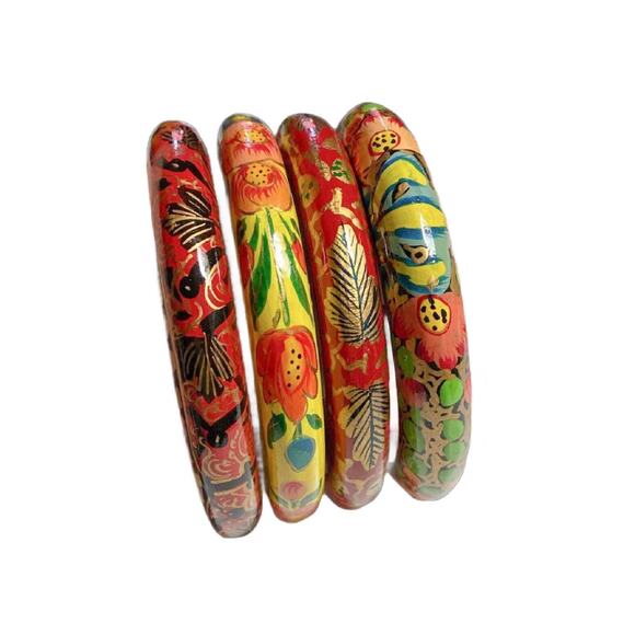 Vintage Hand Painted Wood Bangle Bracelets, Set of 5 - Picture 2 of 10